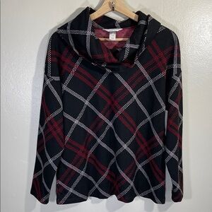 NWOT Christopher & Banks Black and Red Plaid Cowl Neck Top